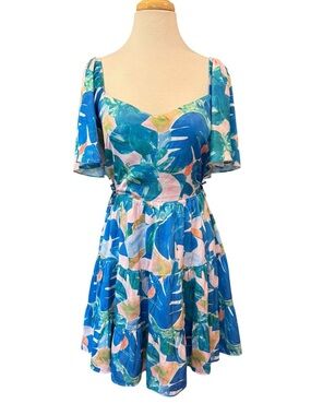 Greylin Tropical Leaf Print Tiered Flutter Sleeve Mini Dress Blue Multi Small